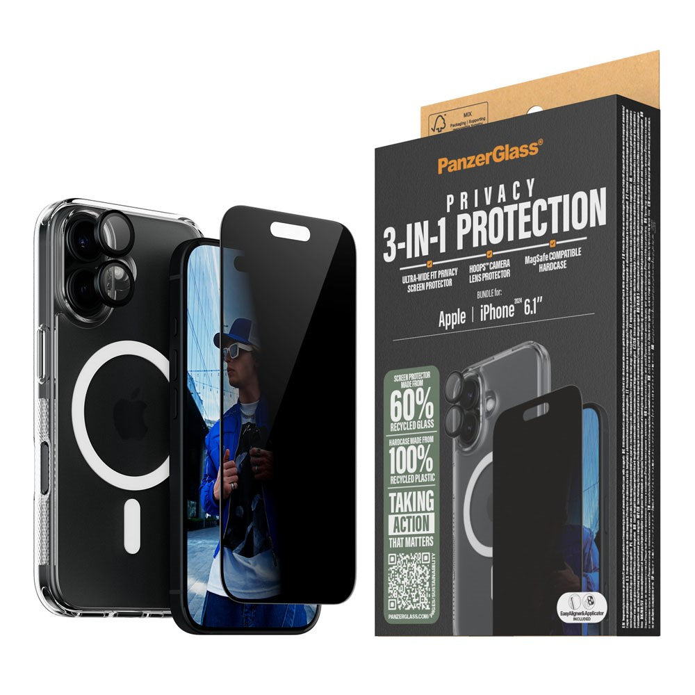 iPhone 16 PanzerGlass 3-i-1 Bundle m. EasyAligner - Privacy Screen Protector (UWF) / Case / Camera Protection - Transparent / Black