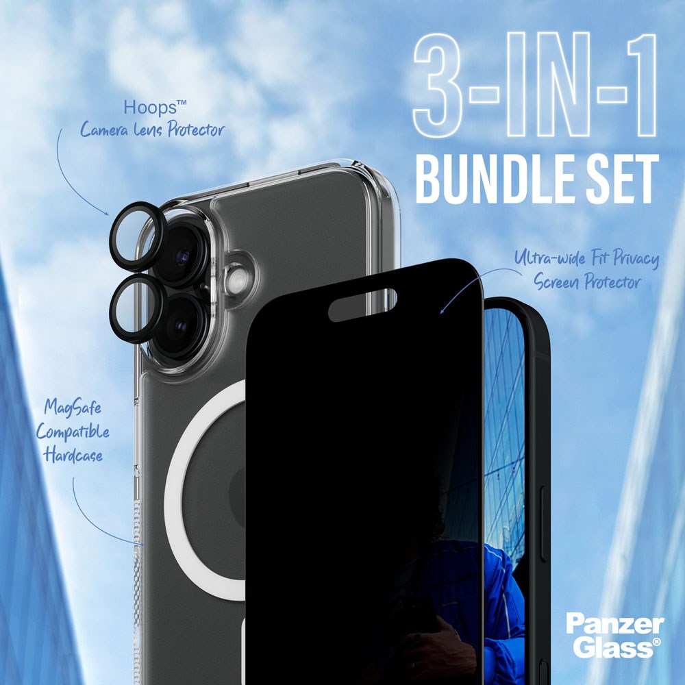 iPhone 16 PanzerGlass 3-i-1 Bundle m. EasyAligner - Privacy Screen Protector (UWF) / Case / Camera Protection - Transparent / Black