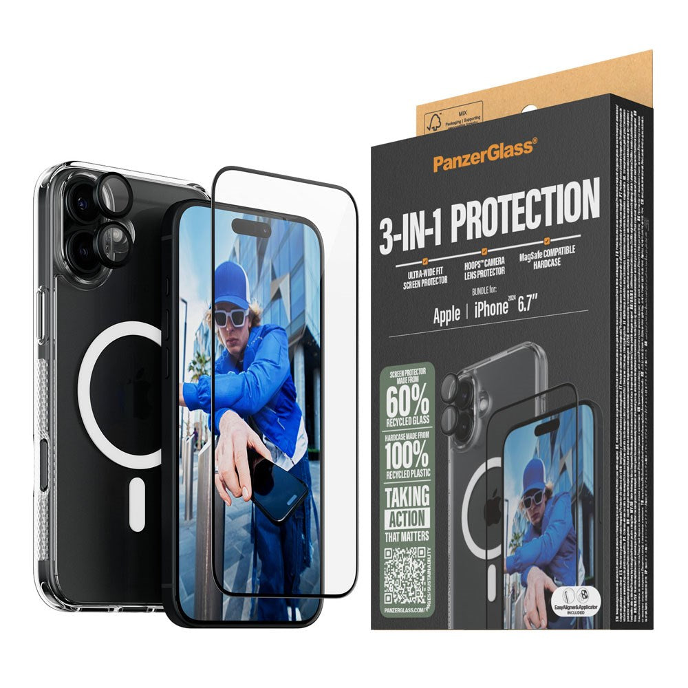 iPhone 16 Plus PanzerGlass 3-i-1 Bundle m. EasyAligner - Screen Protector (UWF) / Case / Camera Protection - Transparent / Black
