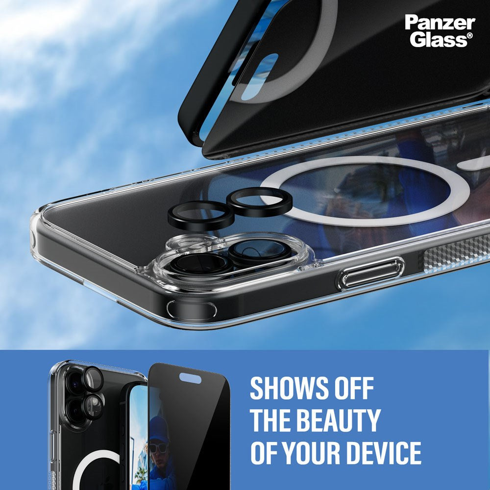 iPhone 16 Plus PanzerGlass 3-i-1 Bundle m. EasyAligner - Privacy Screen Protector (UWF) / Case / Camera Protection - Transparent / Black