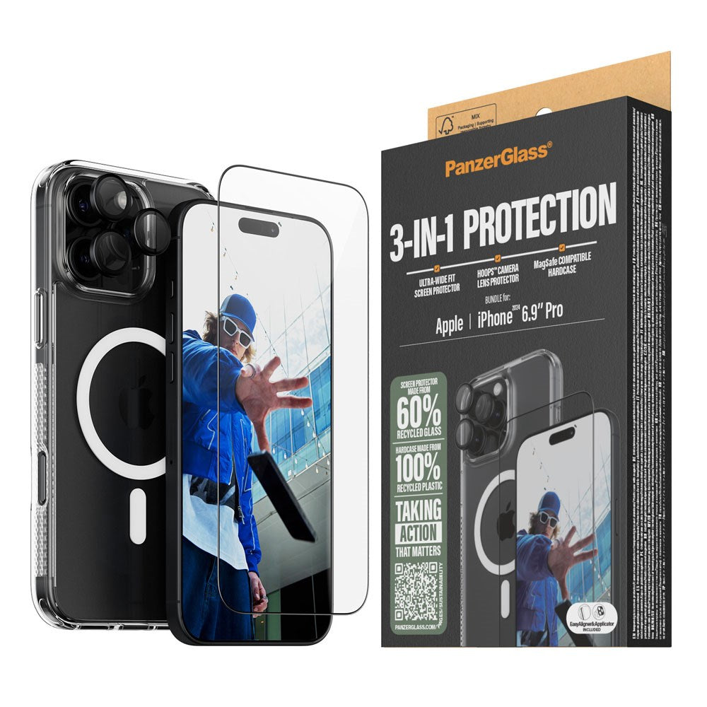 iPhone 16 Pro Max PanzerGlass 3-i-1 Bundle m. EasyAligner - Screen Protector (UWF) / Case / Camera Protection - Transparent / Black