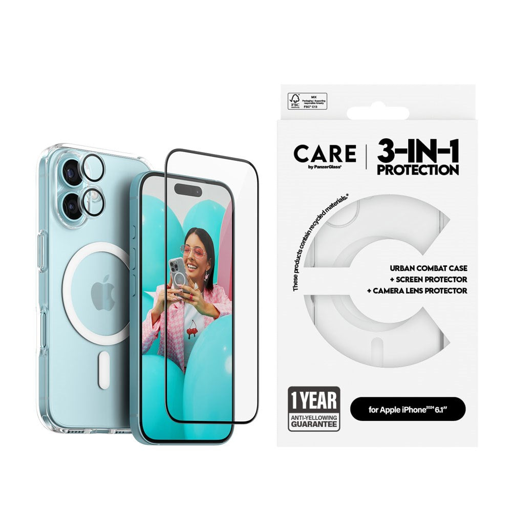 CARE By PanzerGlass iPhone 16 3-i-1 FLAGSHIP MagSafe Bundle - Screen Protector (UWF) / Case / Camera Protection - Transparent / White