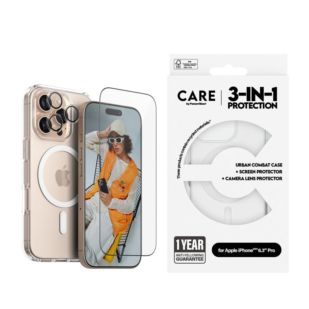 CARE By PanzerGlass iPhone 16 Pro 3-i-1 FLAGSHIP MagSafe Bundle - Screen Protector (UWF) / Case / Camera Protection - Transparent / White