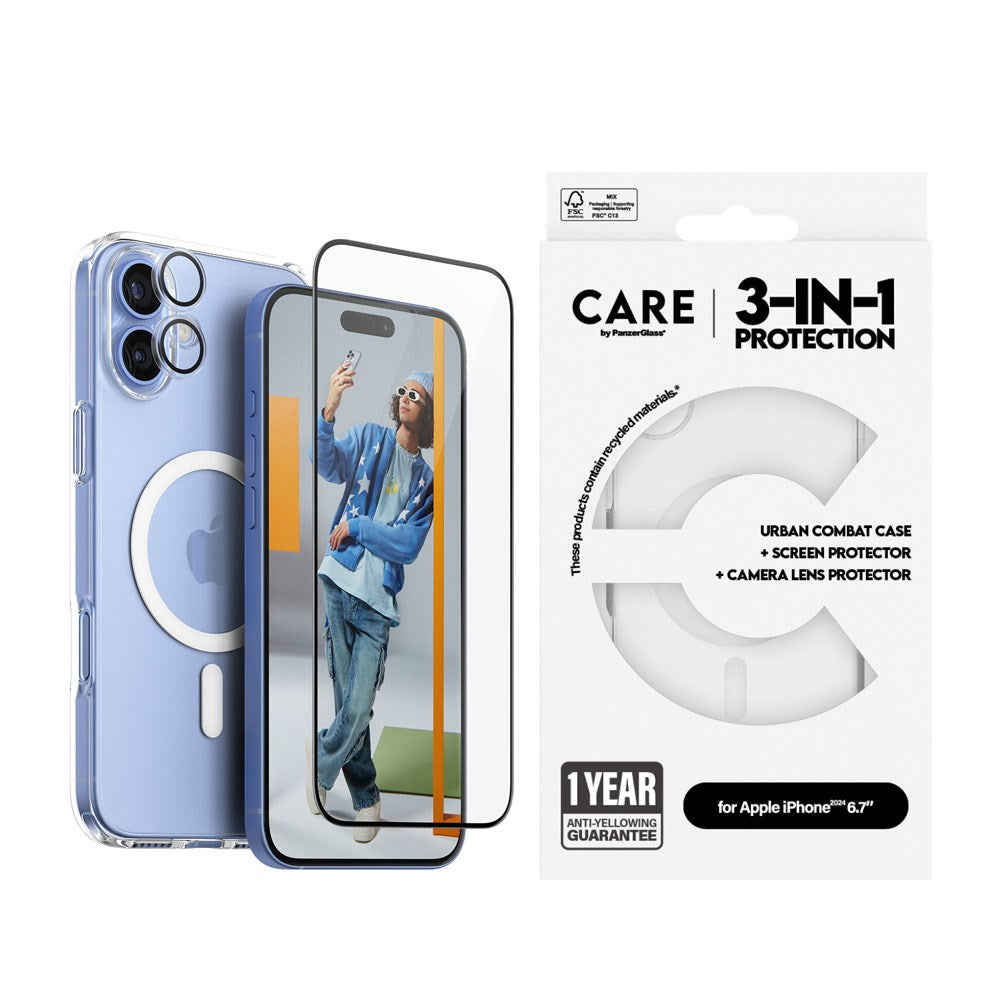 CARE By PanzerGlass iPhone 16 Plus 3-i-1 FLAGSHIP MagSafe Bundle - Screen Protector (UWF) / Case / Camera Protection - Transparent / White
