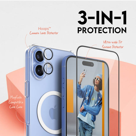 CARE By PanzerGlass iPhone 16 Plus 3-i-1 FLAGSHIP MagSafe Bundle - Screen Protector (UWF) / Case / Camera Protection - Transparent / White