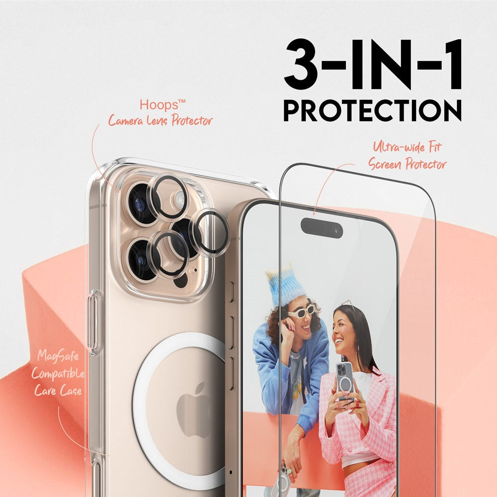 CARE By PanzerGlass iPhone 16 Pro Max 3-i-1 FLAGSHIP MagSafe Bundle - Screen Protector (UWF) / Case / Camera Protection - Transparent / White