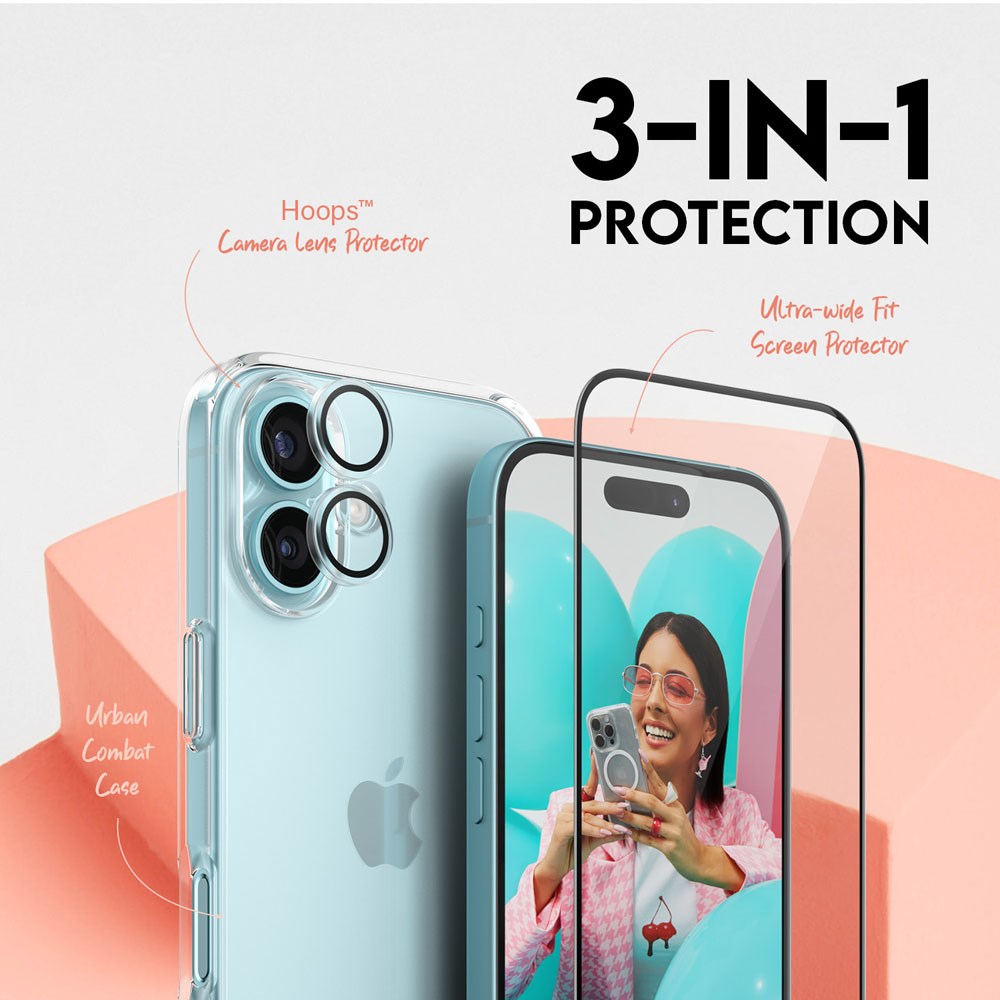 CARE By PanzerGlass iPhone 16 3-i-1 FLAGSHIP Bundle - Screen Protector (UWF) / Case / Camera Protection - Transparent