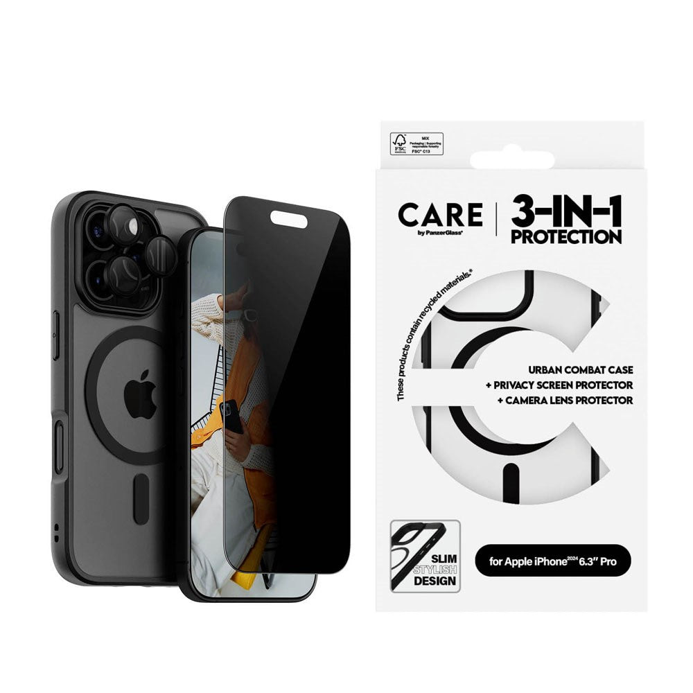 CARE By PanzerGlass iPhone 16 Pro 3-i-1 FLAGSHIP MagSafe Bundle - Privacy Screen Protector (UWF) / Case / Camera Protection - Transparent / Black