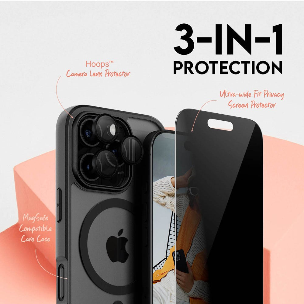 CARE By PanzerGlass iPhone 16 Pro 3-i-1 FLAGSHIP MagSafe Bundle - Privacy Screen Protector (UWF) / Case / Camera Protection - Transparent / Black