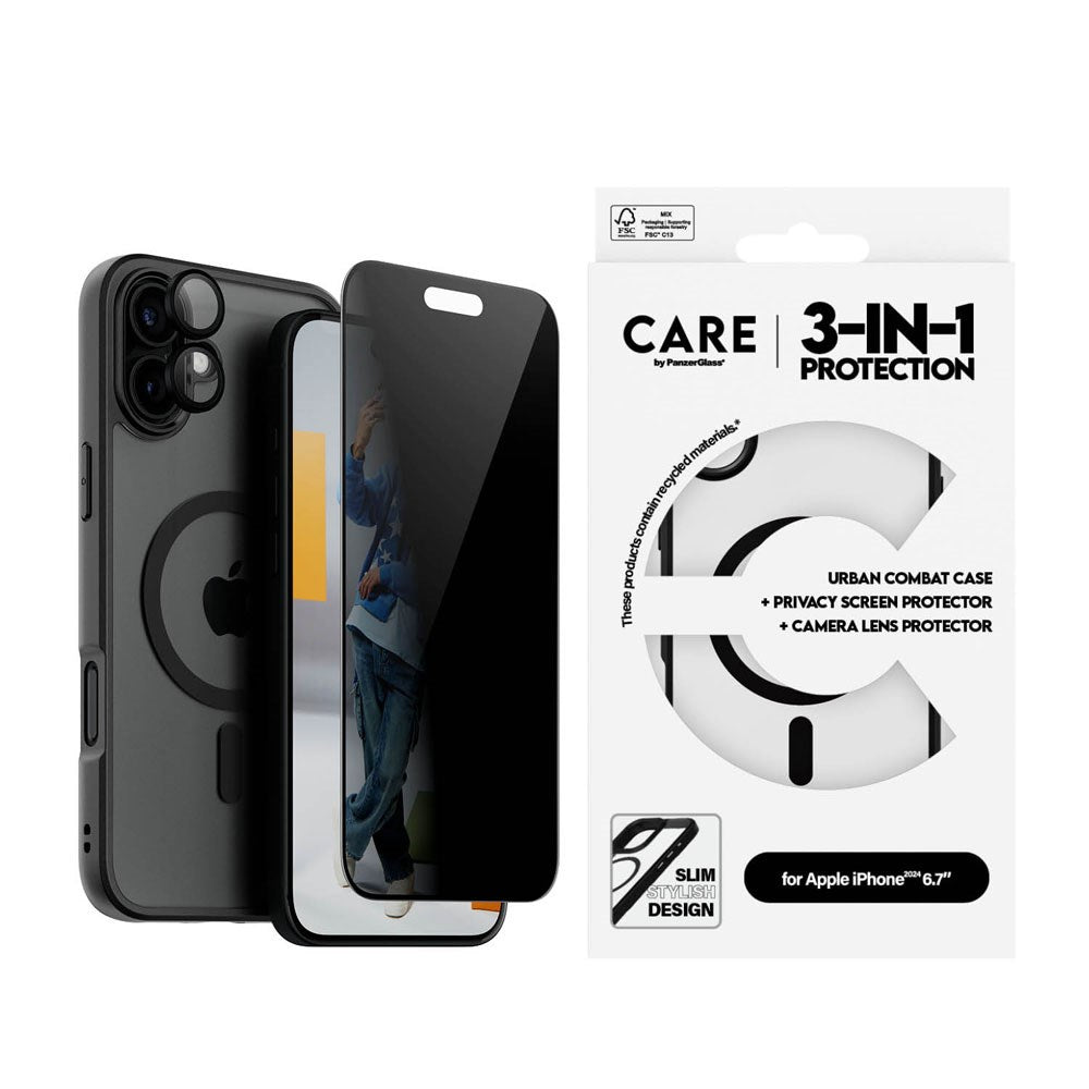 CARE By PanzerGlass iPhone 16 Plus 3-i-1 FLAGSHIP MagSafe Bundle - Privacy Screen Protector (UWF) / Case / Camera Protection - Transparent / Black