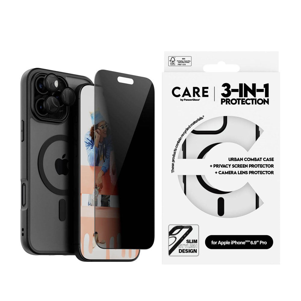 CARE By PanzerGlass iPhone 16 Pro Max 3-i-1 FLAGSHIP MagSafe Bundle - Privacy Screen Protector (UWF) / Case / Camera Protection - Transparent / Black