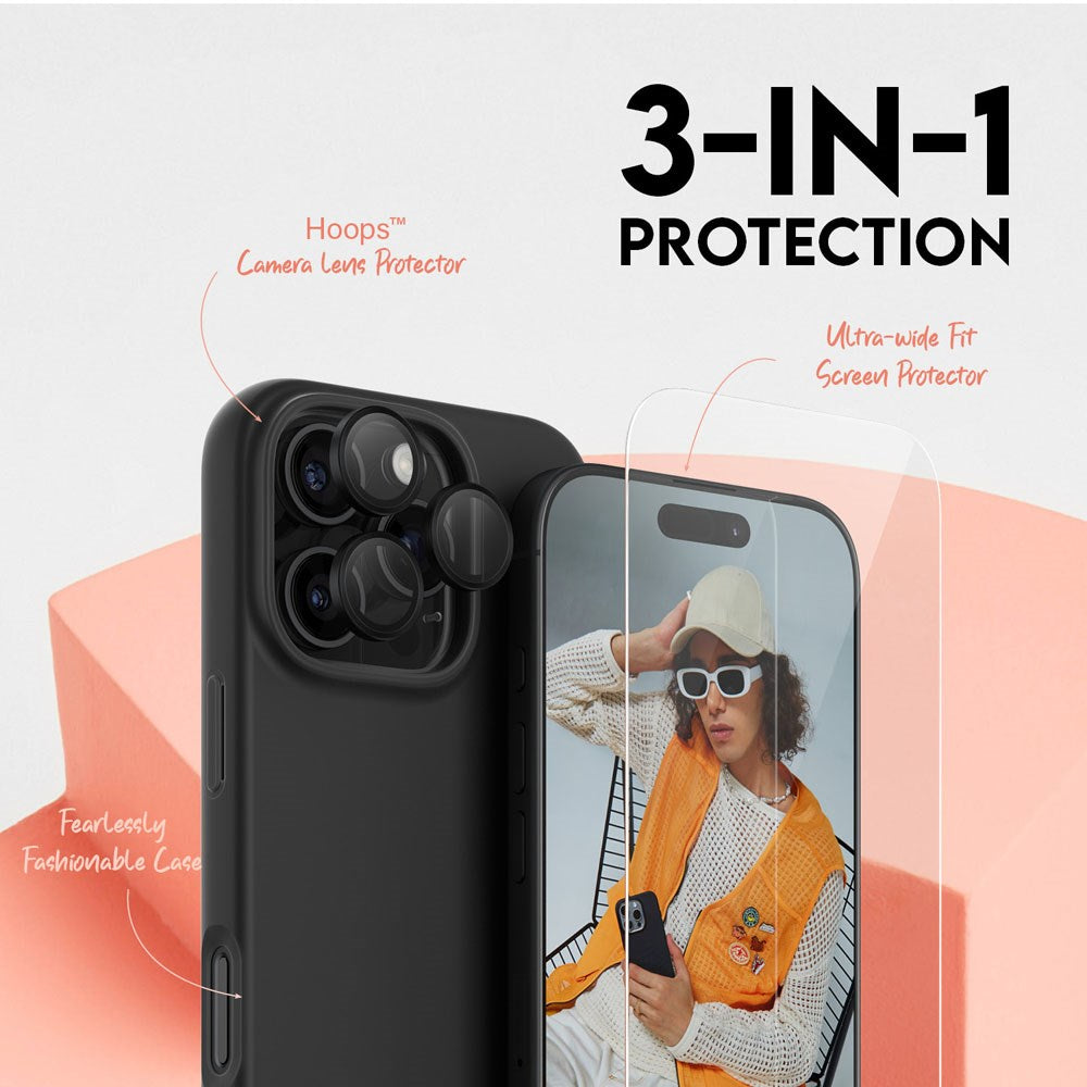 CARE By PanzerGlass iPhone 16 Pro 3-i-1 FASHION Bundle - Screen Protector (UWF) / Case / Camera Protection - Transparent / Black