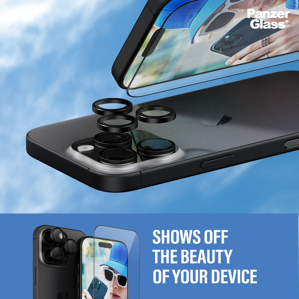 iPhone 16 Pro PanzerGlass 2-i-1 Bundle w. EasyAligner - Screen Protector (UWF) / Camera Protection - Transparent / Black