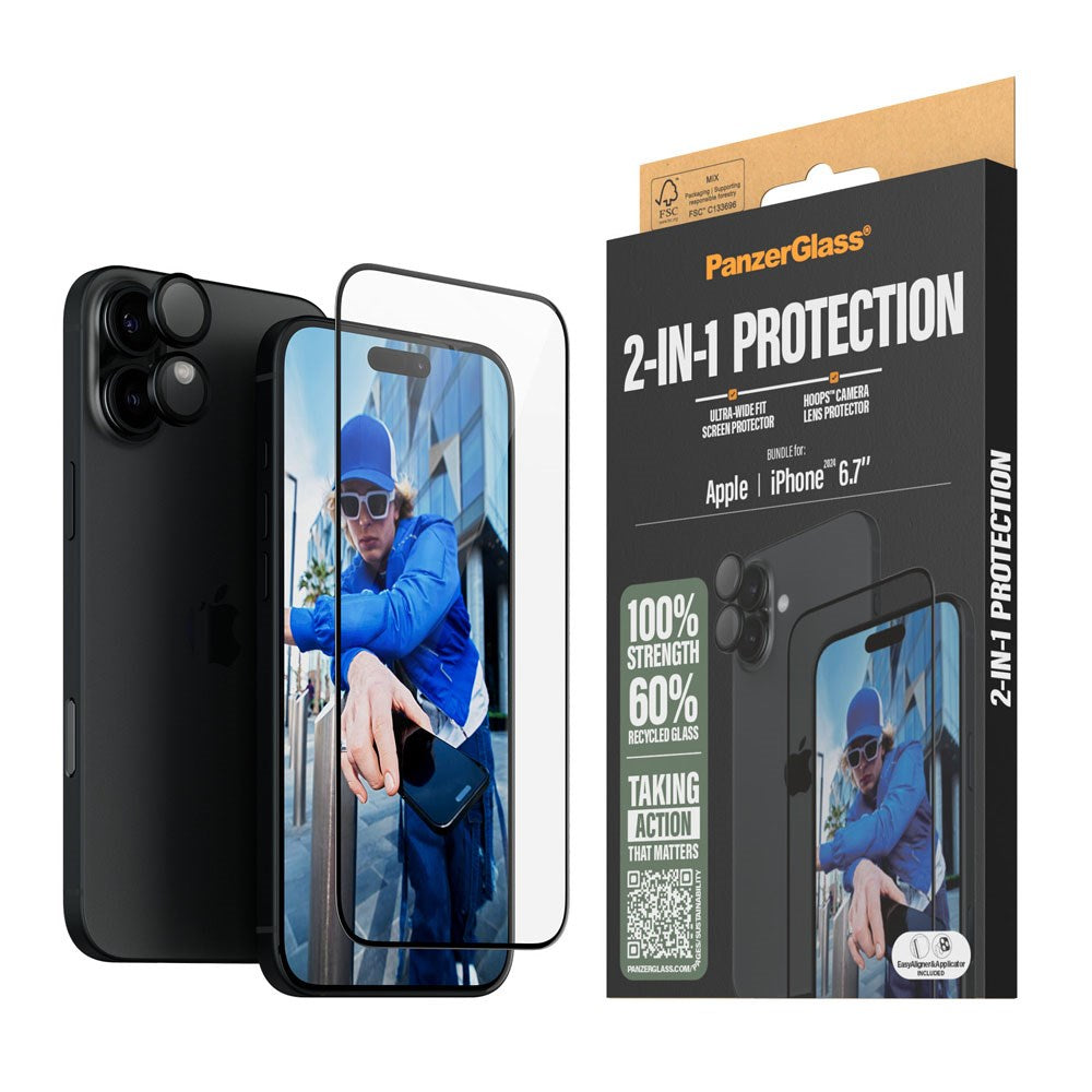 iPhone 16 Plus PanzerGlass 2-i-1 Bundle w. EasyAligner - Screen Protector (UWF) / Camera Protection - Transparent / Black