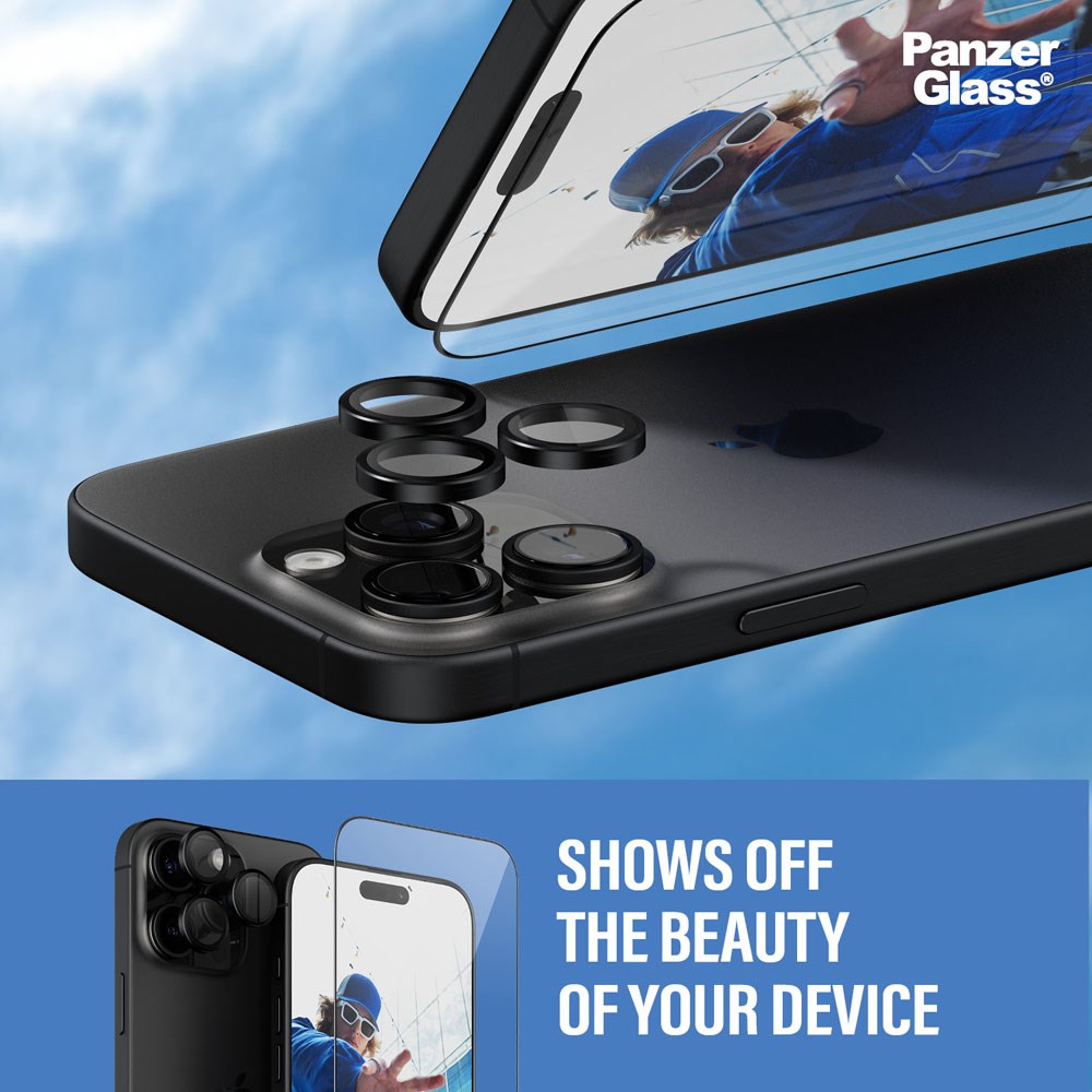 iPhone 16 Pro Max PanzerGlass 2-i-1 Bundle w. EasyAligner - Screen Protector (UWF) / Camera Protection - Transparent / Black