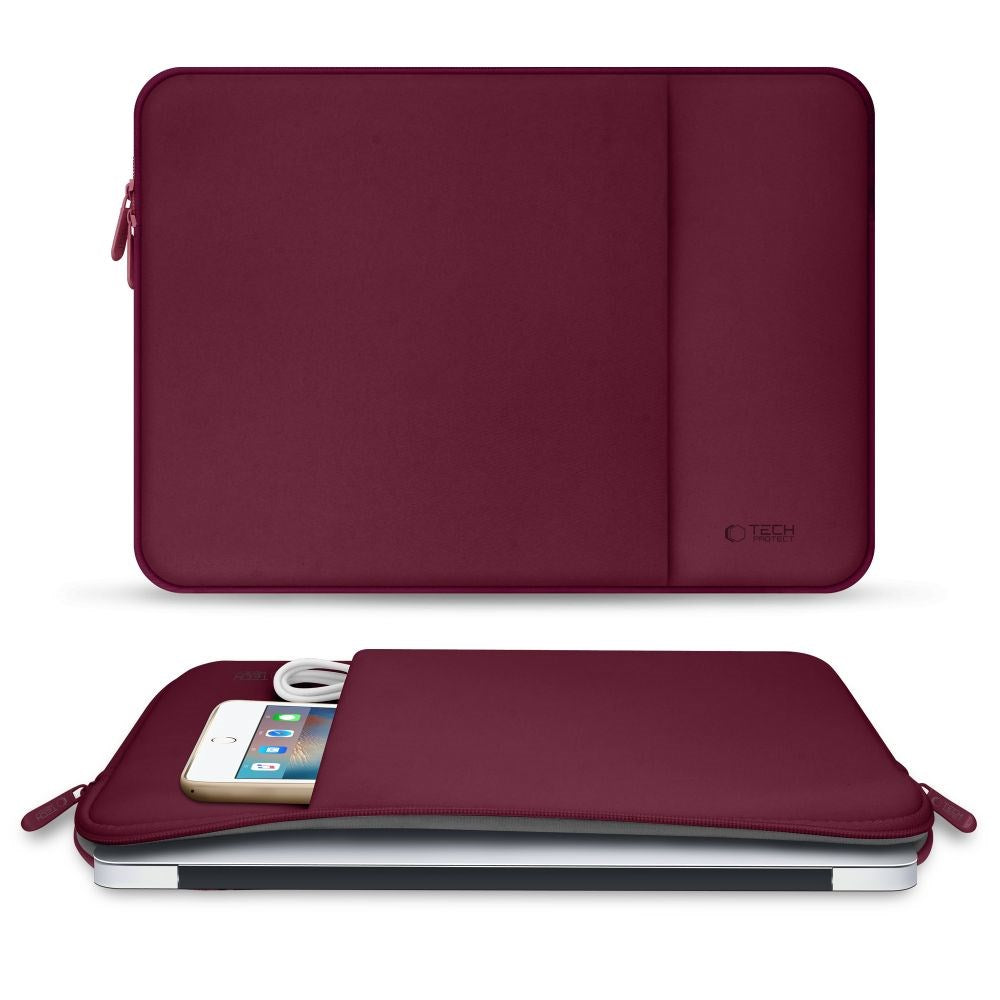 Tech-Protect MacBook / Laptop Neoprene Sleeve 15-16" (36.5 x 25.5 cm) w. Extra Pocket - - Burgundy