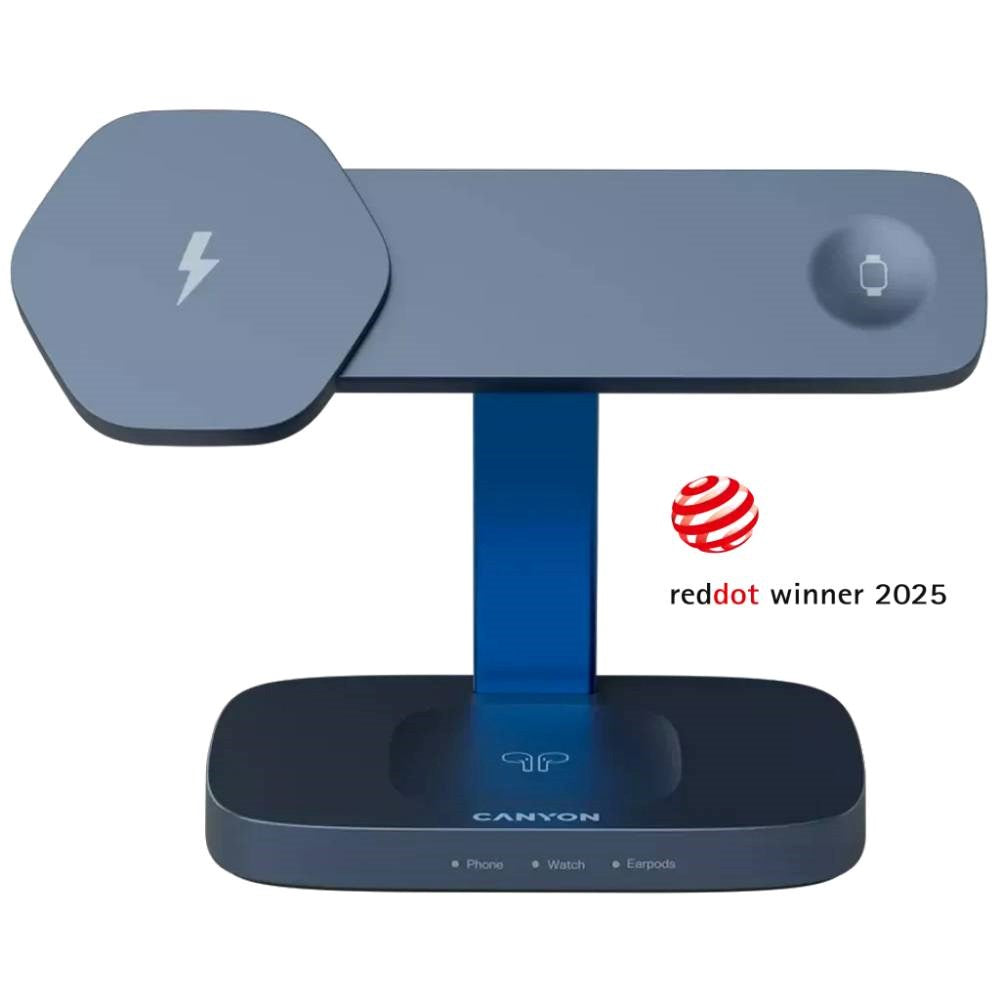 Canyon Hexagon 15W 3-in-1 Wireless Charger - Qi / MagSafe Compatible - Grey / Blue