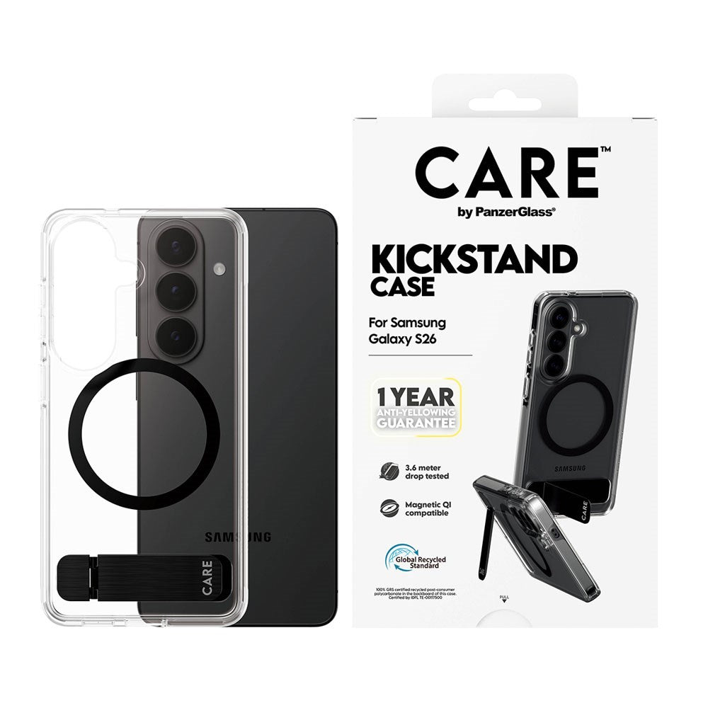 Samsung Galaxy S26 CARE by PanzerGlass Feature Kickstand Case - Qi Compatible - Transparent / Black