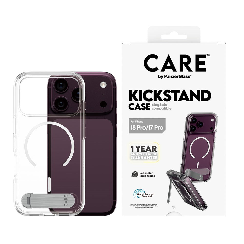 iPhone 18 Pro / 17 Pro CARE by PanzerGlass Feature Kickstand Case - MagSafe Compatible - Transparent / White