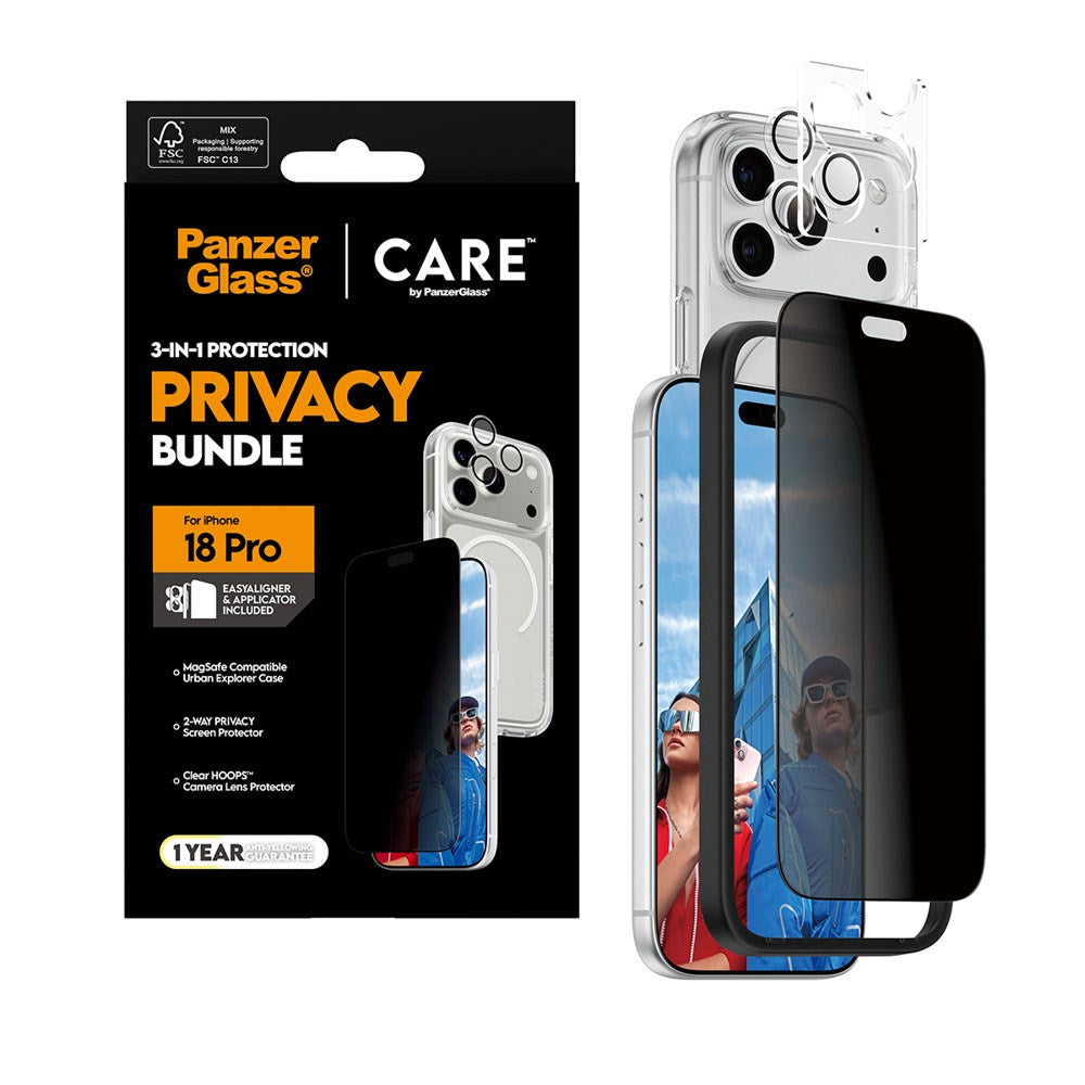iPhone 18 Pro CARE by PanzerGlass 3-i-1 FLAGSHIP Bundle - Case / Privacy Screen Protector (UWF) / Camera Protection - Transparent / Black