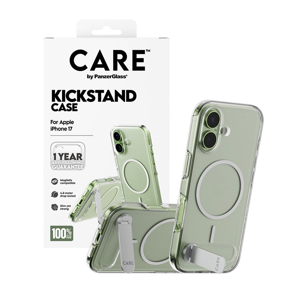 CARE by PanzerGlass iPhone 17 Feature Kickstand Case - MagSafe Compatible - Transparent / Silver