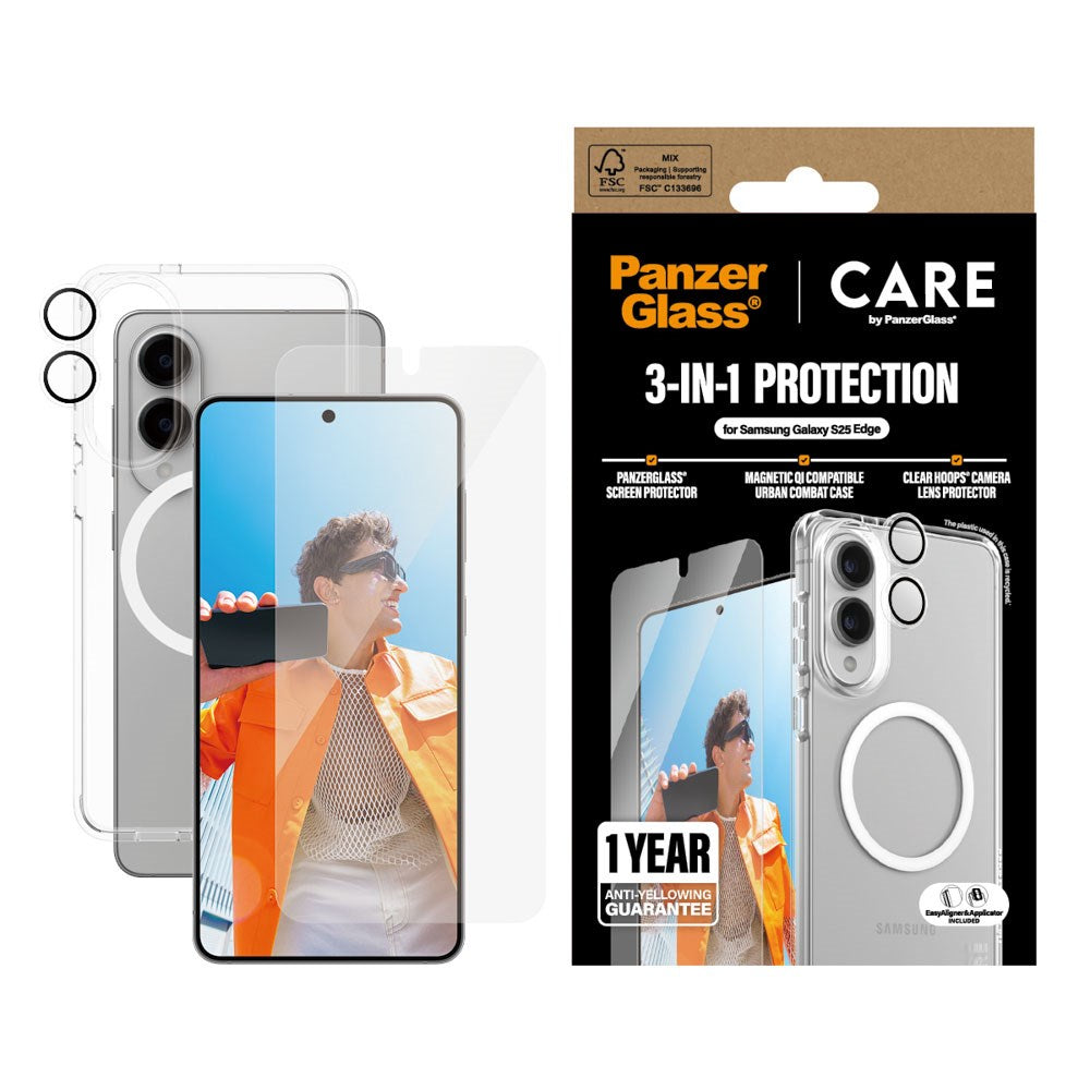 CARE by PanzerGlass Samsung Galaxy S25 Edge 3-i-1 FLAGSHIP Bundle - Case / Screen Protector (UWF) / Camera Protection - Transparent / White
