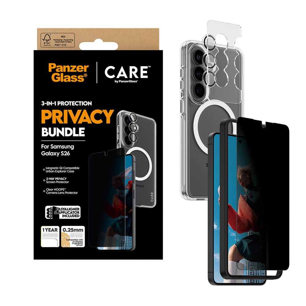 Samsung Galaxy S26 Urban Combat 3-in-1 Privacy Bundle with Case / Screen Protector (Privacy) / Camera Protection - Qi Compatible - Transparent