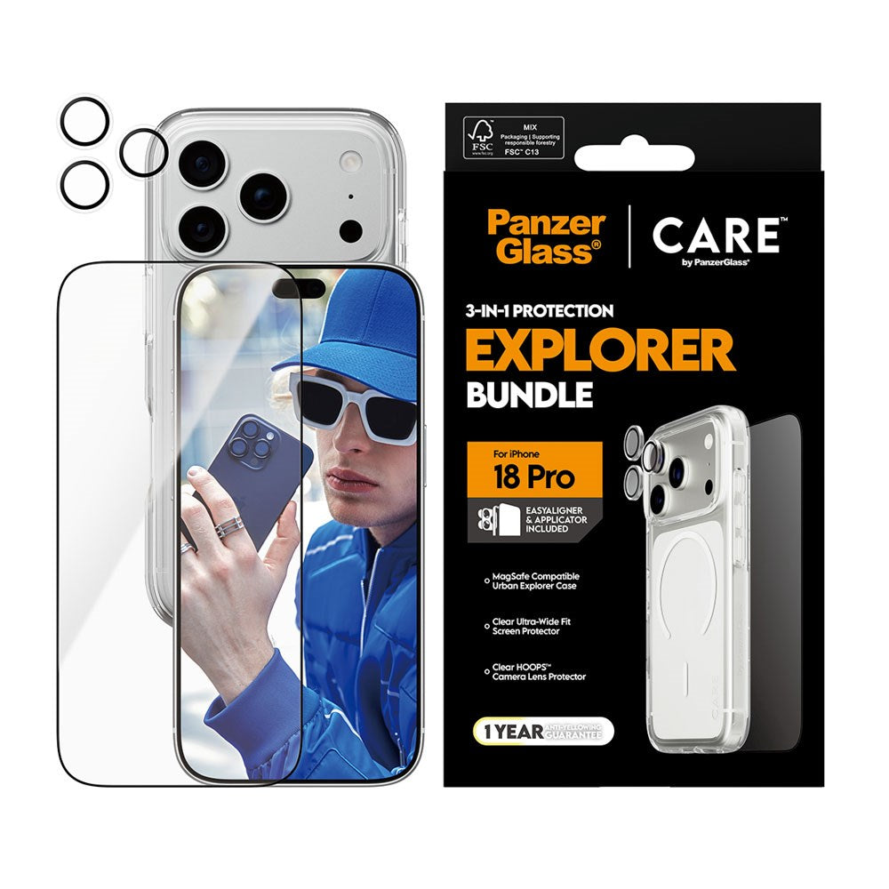 iPhone 18 Pro CARE By PanzerGlass 3-i-1 FLAGSHIP Bundle - Screen Protector (UWF) / Case / Camera Protection - Transparent