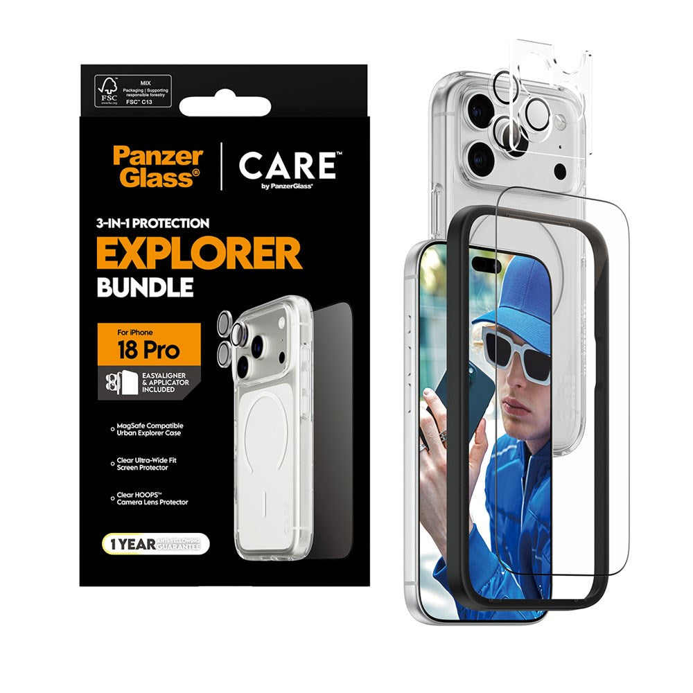 iPhone 18 Pro CARE By PanzerGlass 3-i-1 FLAGSHIP Bundle - Screen Protector (UWF) / Case / Camera Protection - Transparent