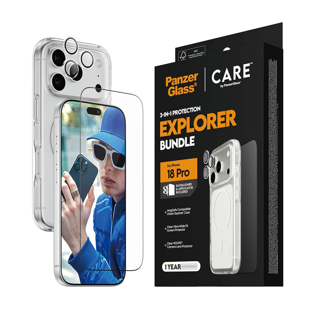 iPhone 18 Pro CARE By PanzerGlass 3-i-1 FLAGSHIP Bundle - Screen Protector (UWF) / Case / Camera Protection - Transparent