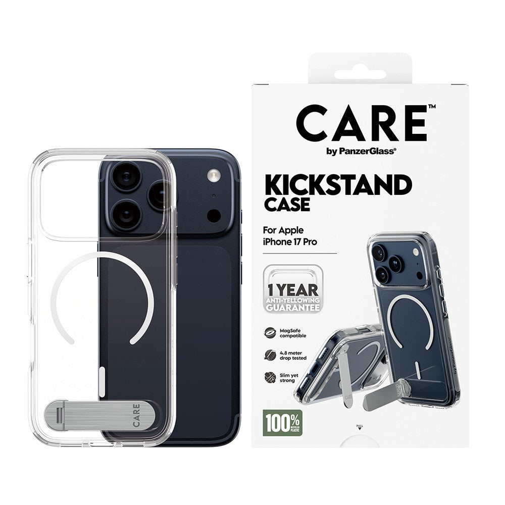 CARE by PanzerGlass iPhone 17 Pro Feature Kickstand Case - MagSafe Compatible - Transparent / Silver