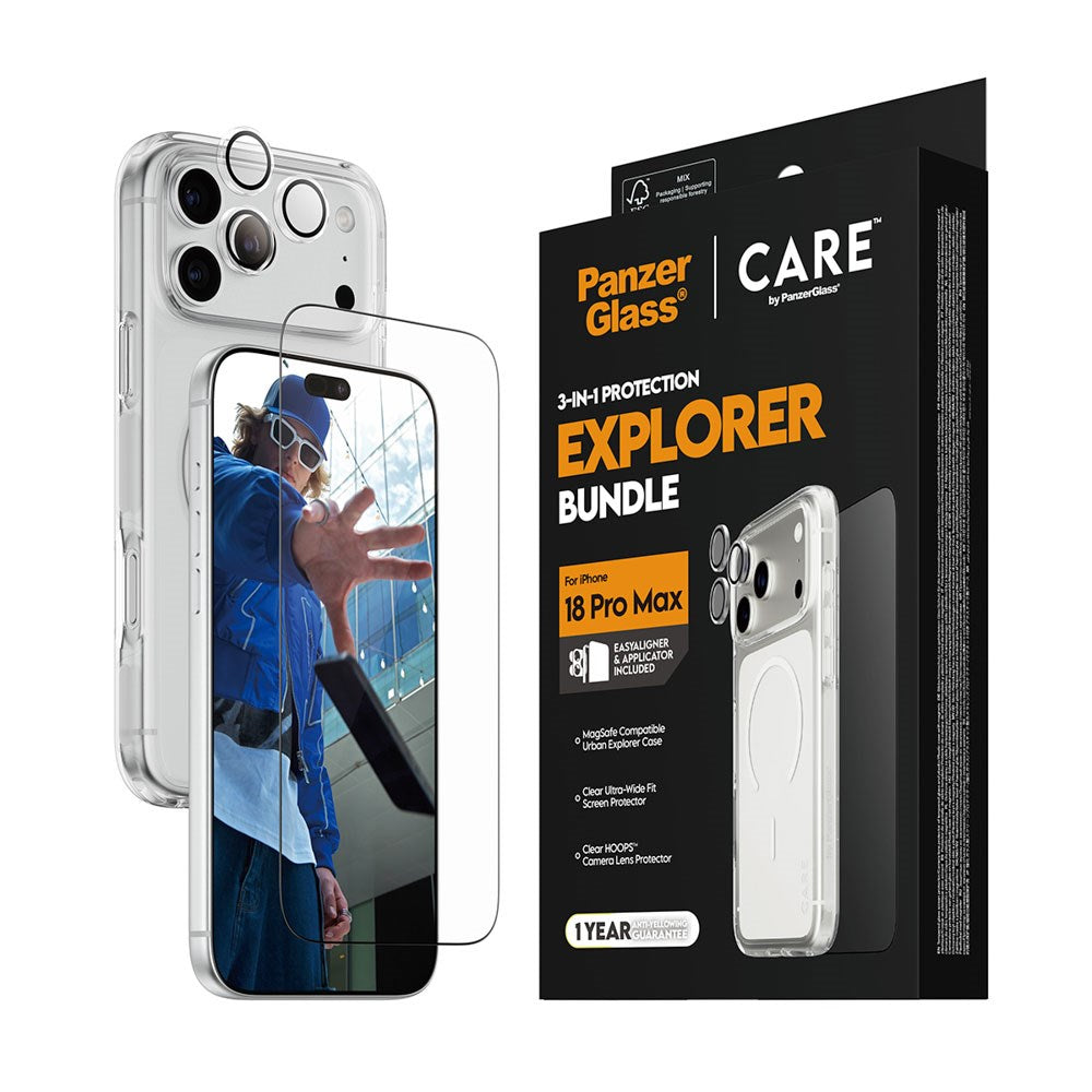 iPhone 18 Pro Max CARE By PanzerGlass 3-i-1 FLAGSHIP Bundle - Screen Protector (UWF) / Case / Camera Protection - Transparent