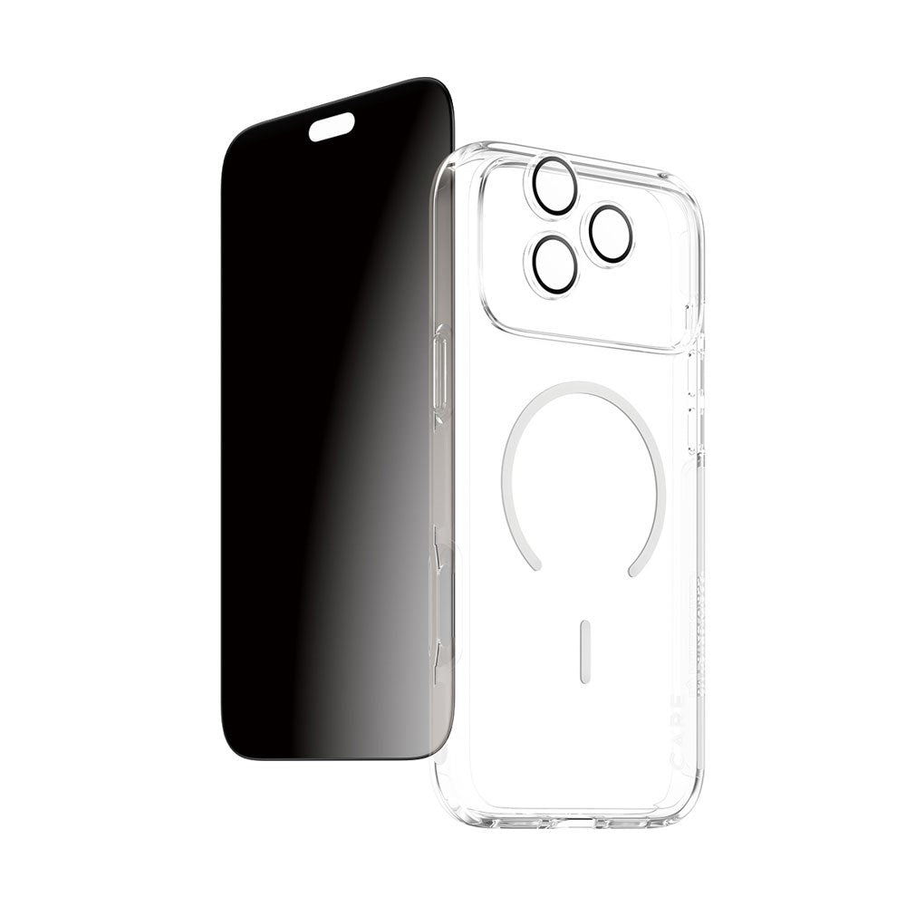 iPhone 18 Pro Max CARE by PanzerGlass 3-i-1 FLAGSHIP Bundle - Case / Privacy Screen Protector (UWF) / Camera Protection - Transparent / Black