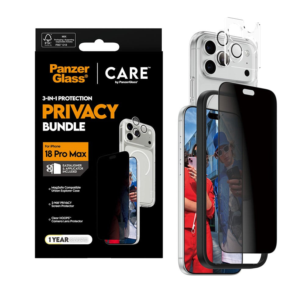 iPhone 18 Pro Max CARE by PanzerGlass 3-i-1 FLAGSHIP Bundle - Case / Privacy Screen Protector (UWF) / Camera Protection - Transparent / Black