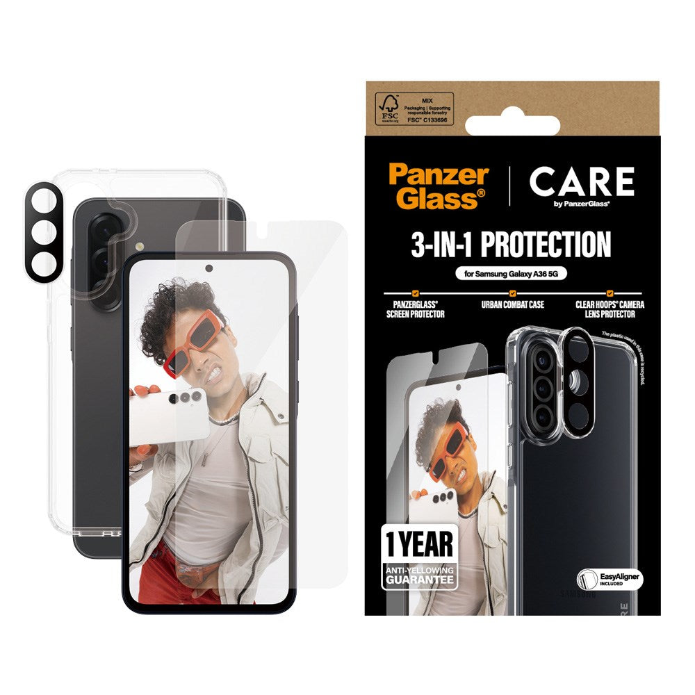CARE by PanzerGlass Samsung Galaxy A36 (5G) 3-i-1 FLAGSHIP Bundle - Case / Screen Protector (UWF) / Camera Protection - Transparent
