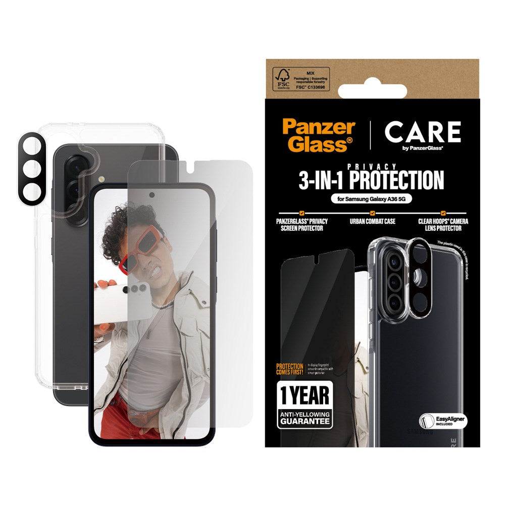 CARE by PanzerGlass Samsung Galaxy A36 (5G) 3-i-1 FLAGSHIP Bundle - Case / Privacy Screen Protector (UWF) / Camera Protection - Transparent / Black