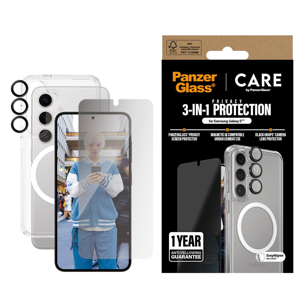 CARE by PanzerGlass Samsung Galaxy S25 3-i-1 FLAGSHIP Bundle - Case / Privacy Screen Protector (UWF) / Camera Protection - Transparent / White