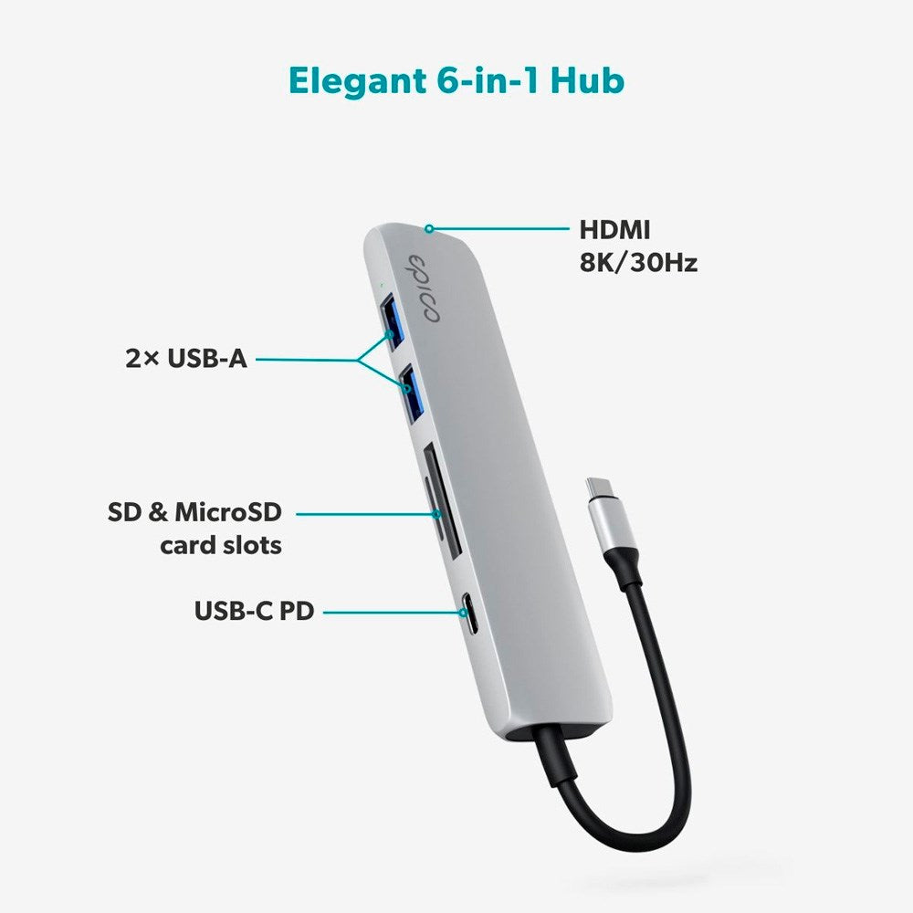 Epico 6-in-1 USB-C Adapter – Aluminium Design with 8K Resolution - Silver