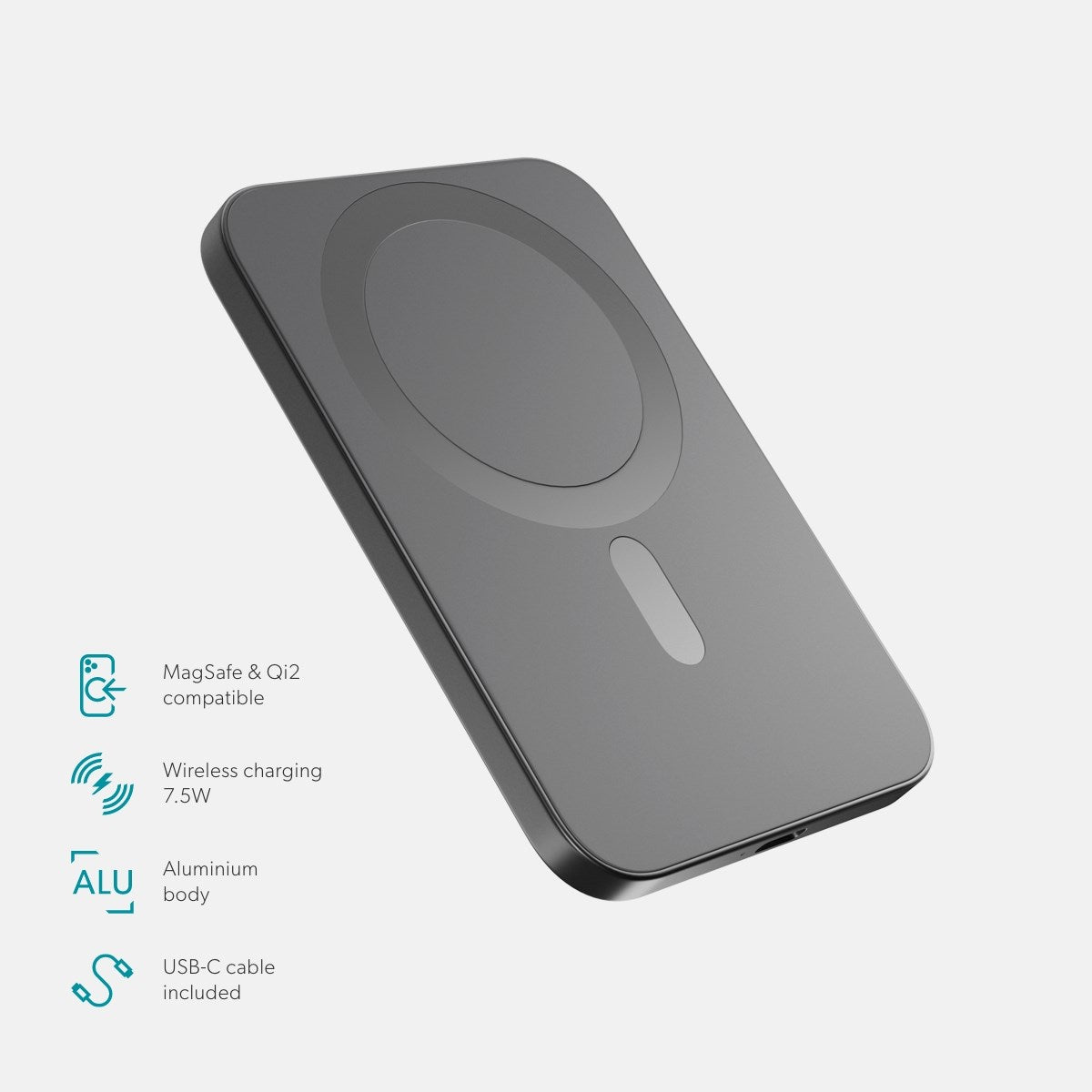 Epico 10W UltraPack EM31 Slim Alu Mag+ 3000 mAh Power Bank with USB-C - MagSafe Compatible - Grey