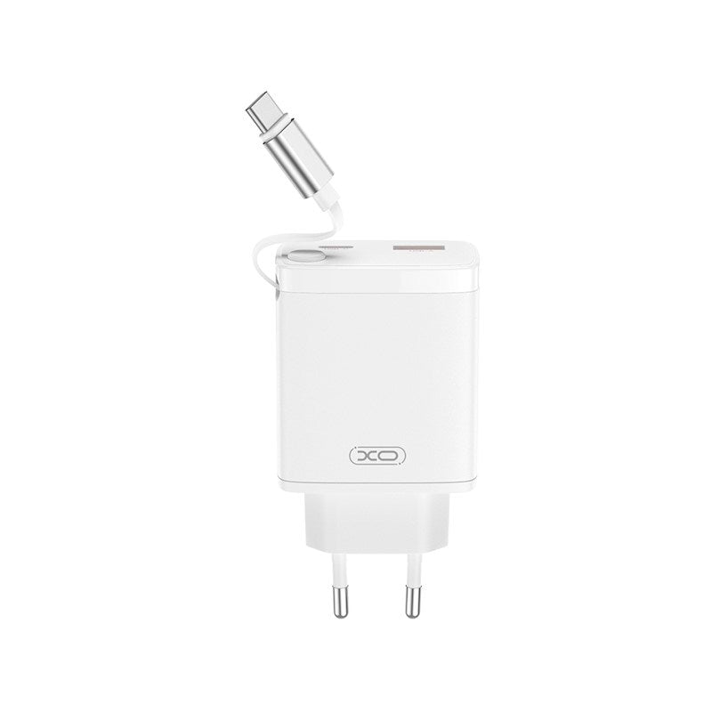 XO 30W Wall Charger 1 x USB-C 1 x USB-A with Retractable USB-C Cable - White