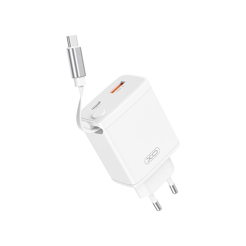 XO 30W Wall Charger 1 x USB-C 1 x USB-A with Retractable USB-C Cable - White