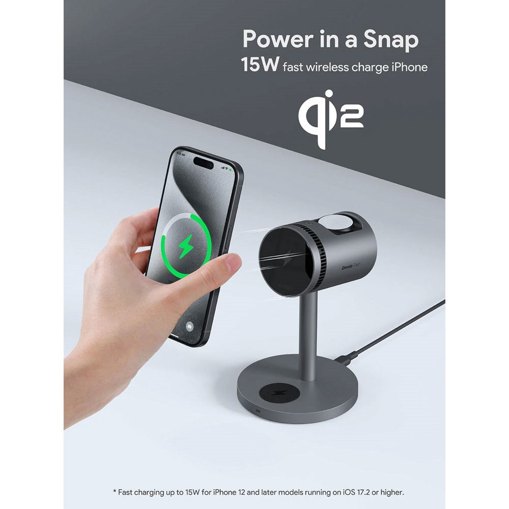 Aukey MagFusion 3-in-1 15W Wireless Charger for Smartphone / Apple Watch / AirPods - MagSafe / Qi2 Compatible - Grey