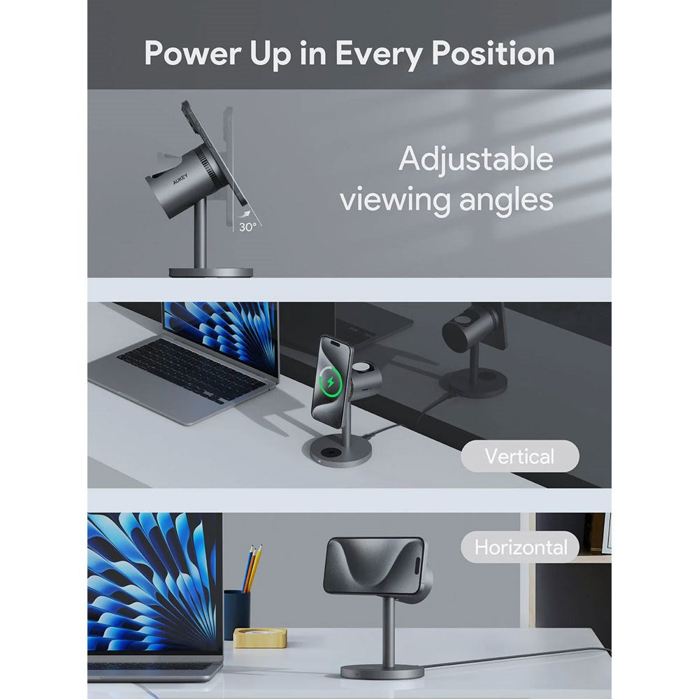 Aukey MagFusion 3-in-1 15W Wireless Charger for Smartphone / Apple Watch / AirPods - MagSafe / Qi2 Compatible - Grey