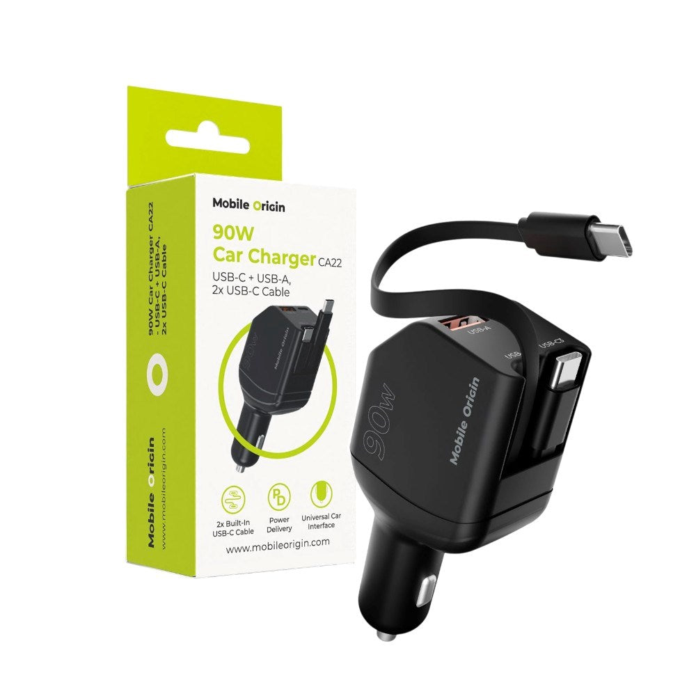 4-in-1 Car Charger 90W Mobile Origin with USB-C + USB-A and 2x Retractable USB-C Cable – Black