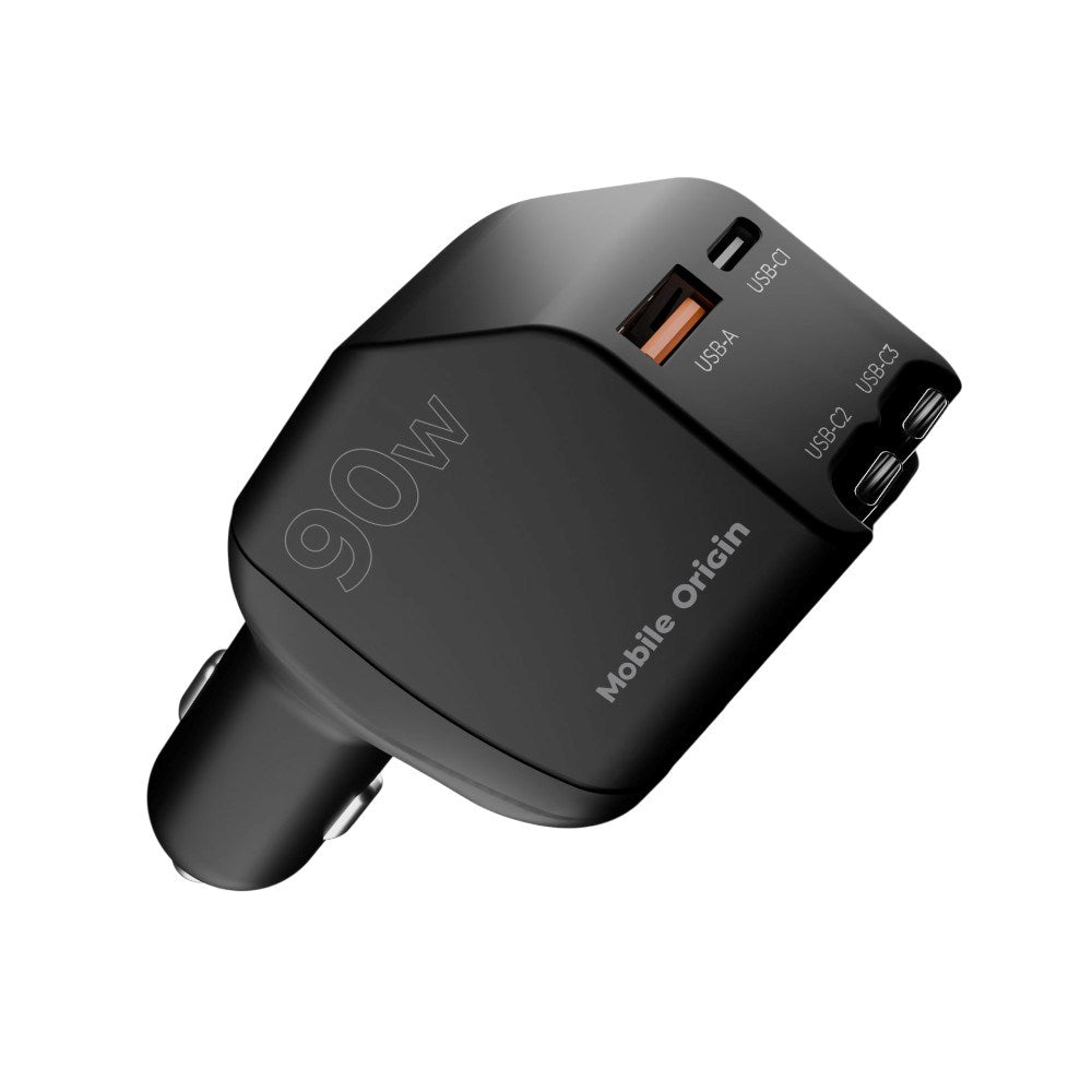 4-in-1 Car Charger 90W Mobile Origin with USB-C + USB-A and 2x Retractable USB-C Cable – Black