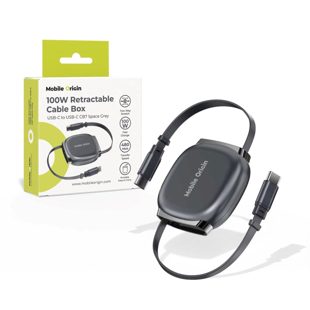Retractable Cable Box Mobile Origin 100W with USB-C to USB-C - Grey