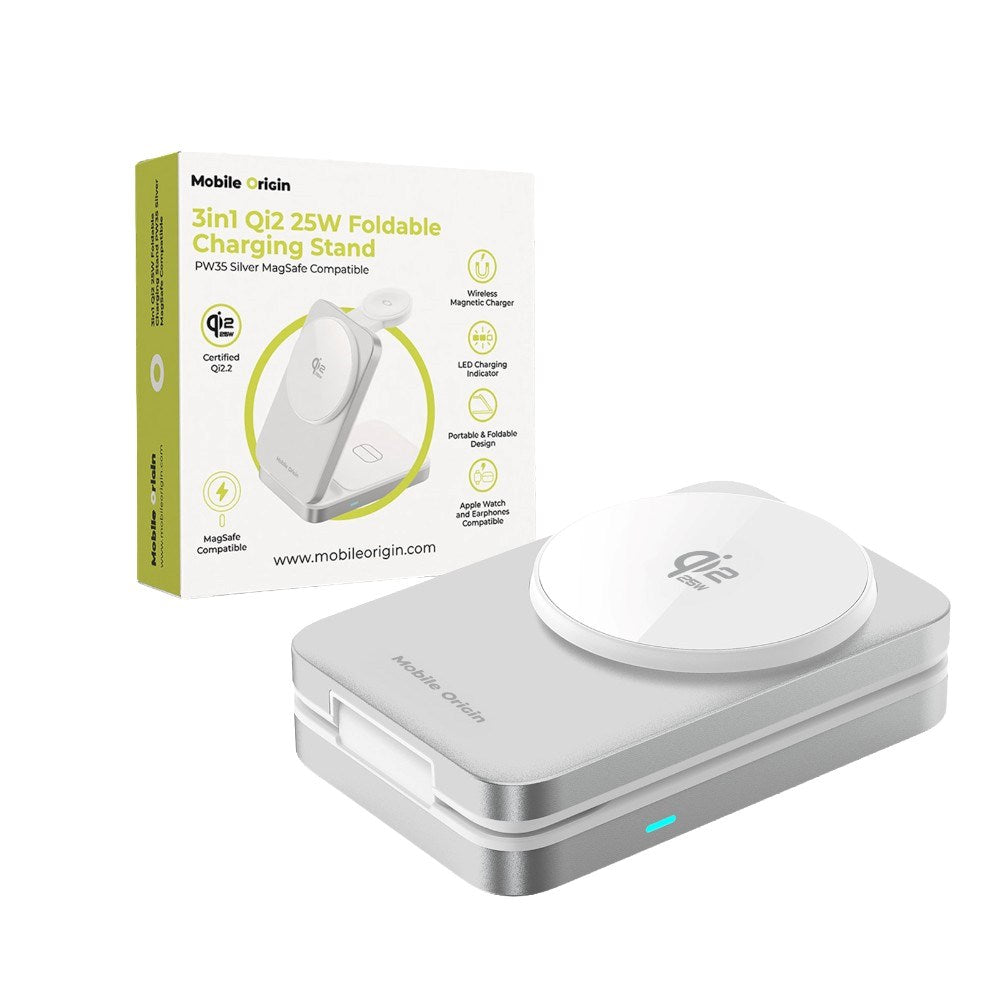 3-in-1 Qi2 Foldable Wireless Charger Mobile Origin - Phone, Apple Watch & Earphones - Silver