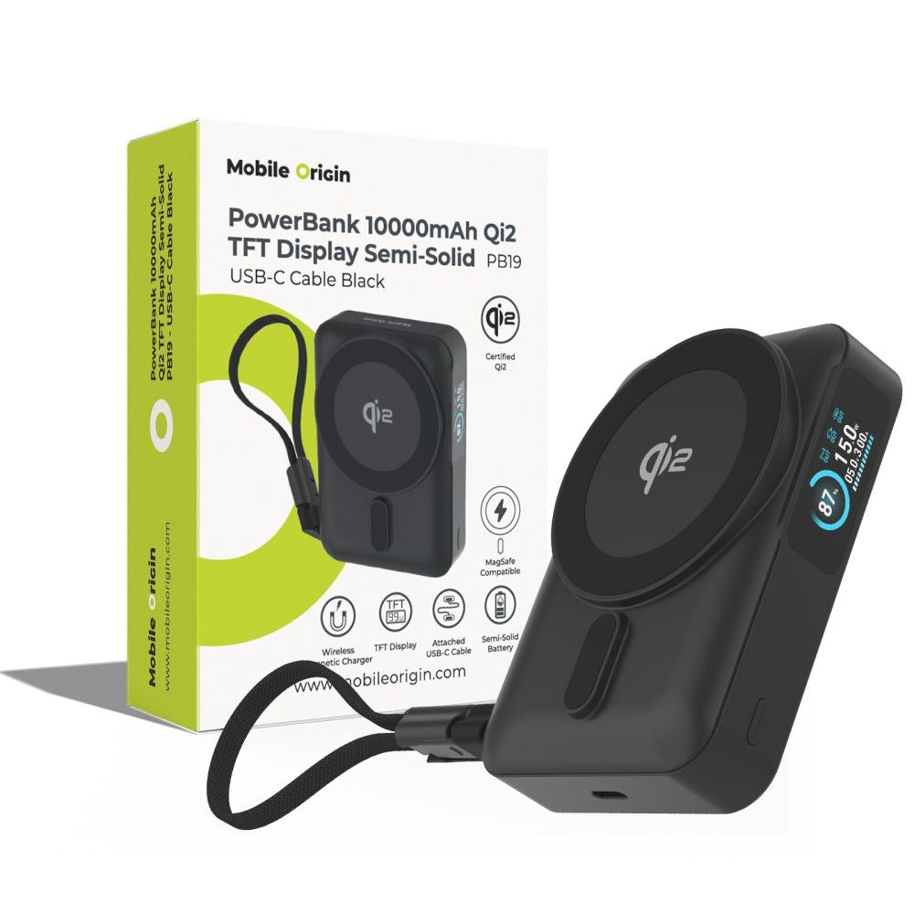 Mobile Origin 10,000mAh Powerbank with Wireless Charging / Built-in USB-C Cable - MagSafe / Qi2 Compatible - Black