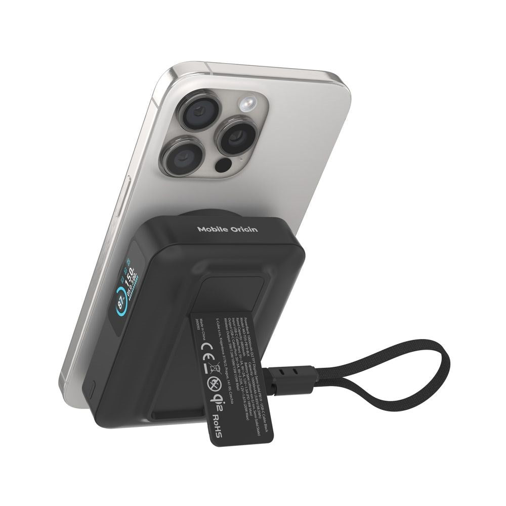 Mobile Origin 10,000mAh Powerbank with Wireless Charging / Built-in USB-C Cable - MagSafe / Qi2 Compatible - Black