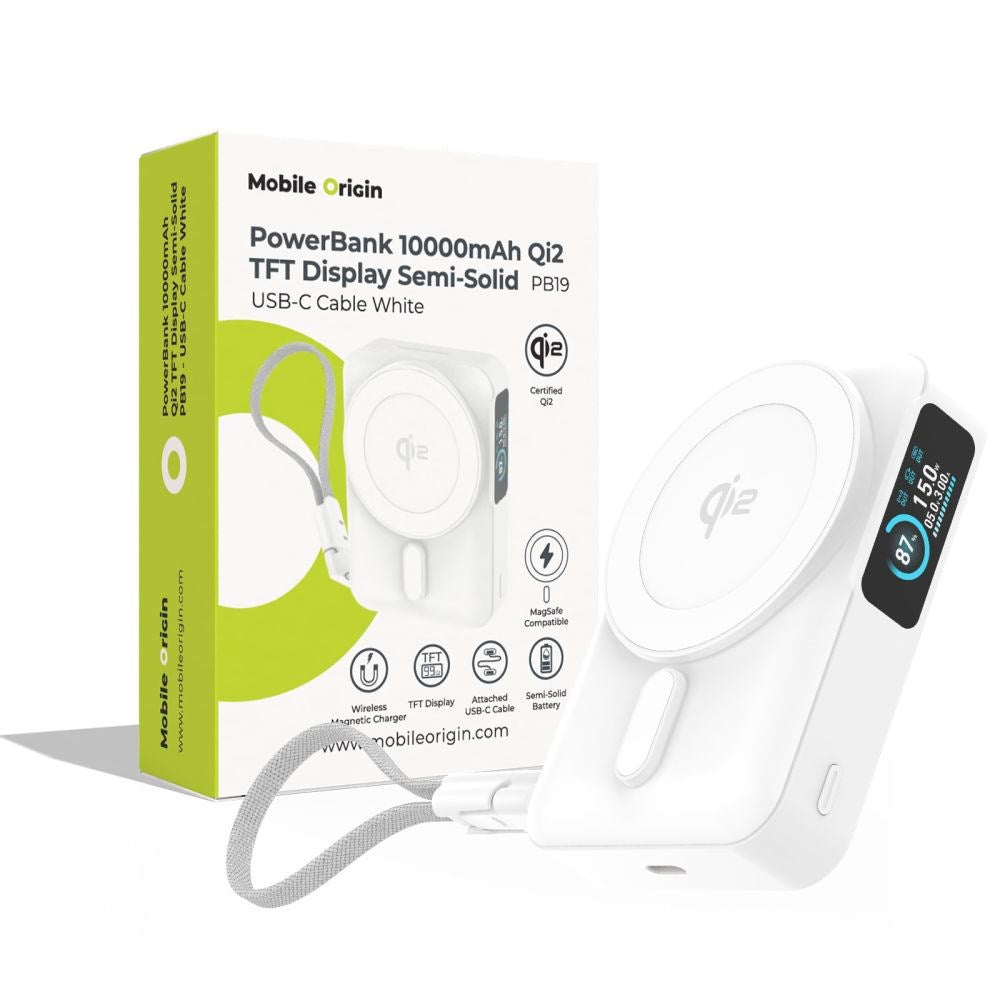 Mobile Origin 10,000mAh Powerbank with Wireless Charging / Built-in USB-C Cable - MagSafe / Qi2 Compatible - White